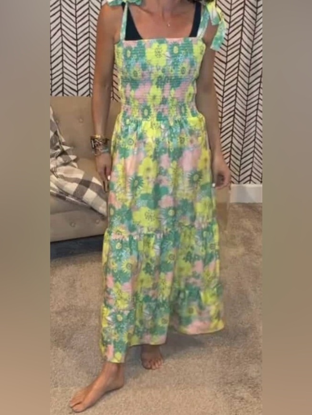 Sunday Up Women’s Floral Smocked Maxi Dress - Green Pink
